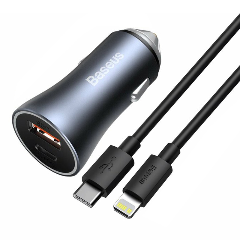 USB зарядно за кола, Type-C, 40W, Lightning кабел - Baseus (TZCCJD-B0G) - тъмно сиво