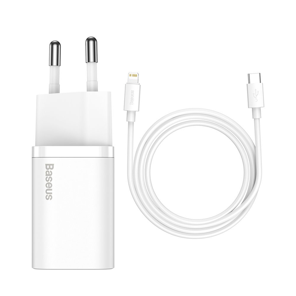 Priza Type-C PD20W Зарядно устройство Priza Type-C PD20W + Lightning кабел - Baseus Super Si (TZCCCSUP-B02) - Бял