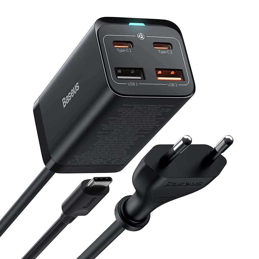 Зарядна станция 2xUSB-C, PD65W, 2xUSB-A, 5A + Type-C кабел - Baseus GaN3 Pro (CCGP04010101) - Черен