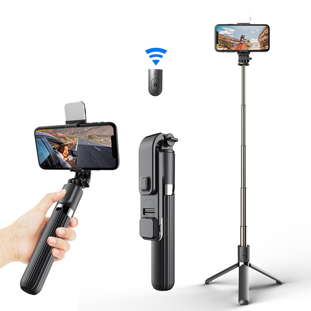 Bluetooth стабилизиран селфи стик, 84 см - Techsuit Remote и светодиод за монтиране на статив (L03S) - Черен