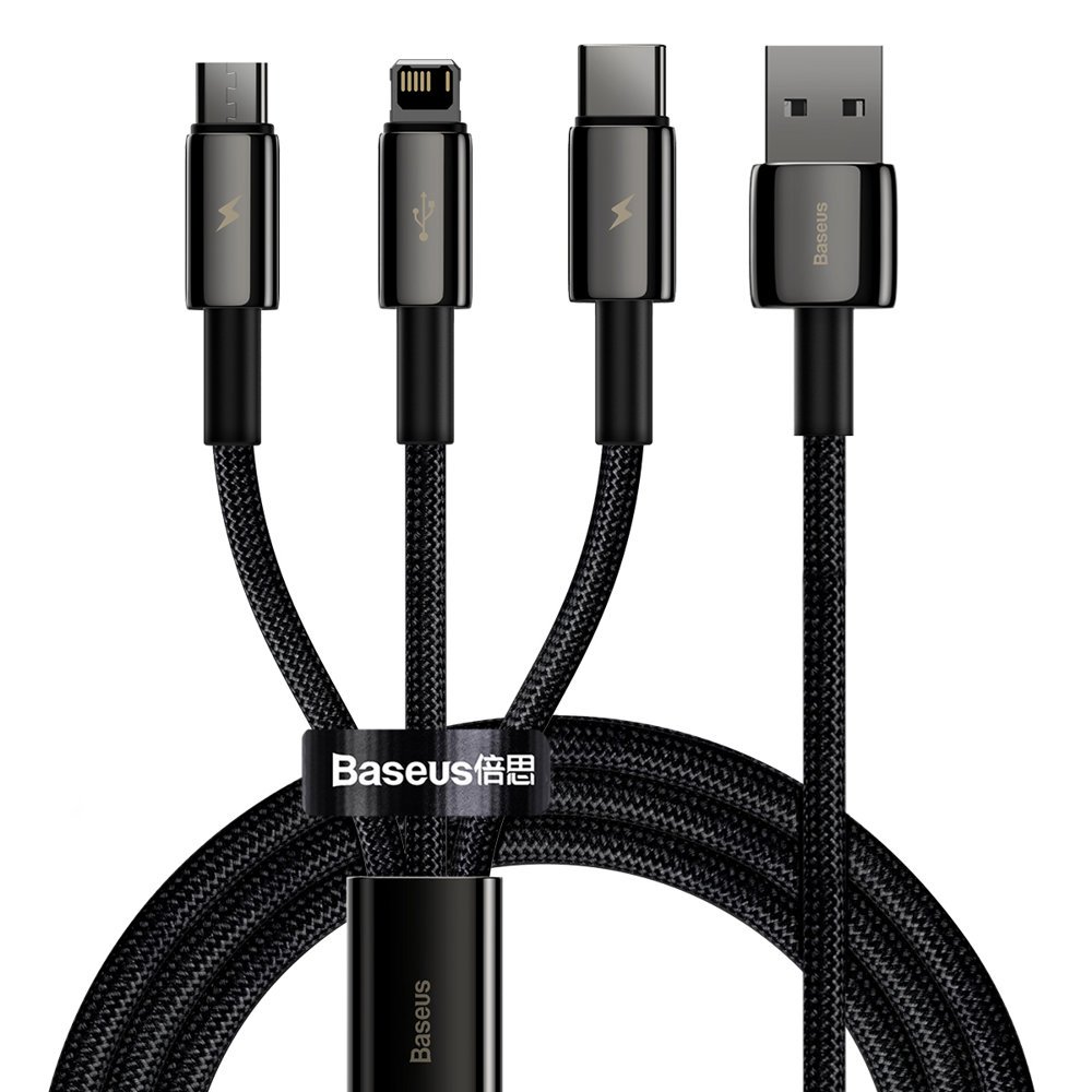 Кабел за данни USB към Type-C, Lightning, Micro-USB - Baseus Tugsten Златист (CAMLTWJ-01) - Черен
