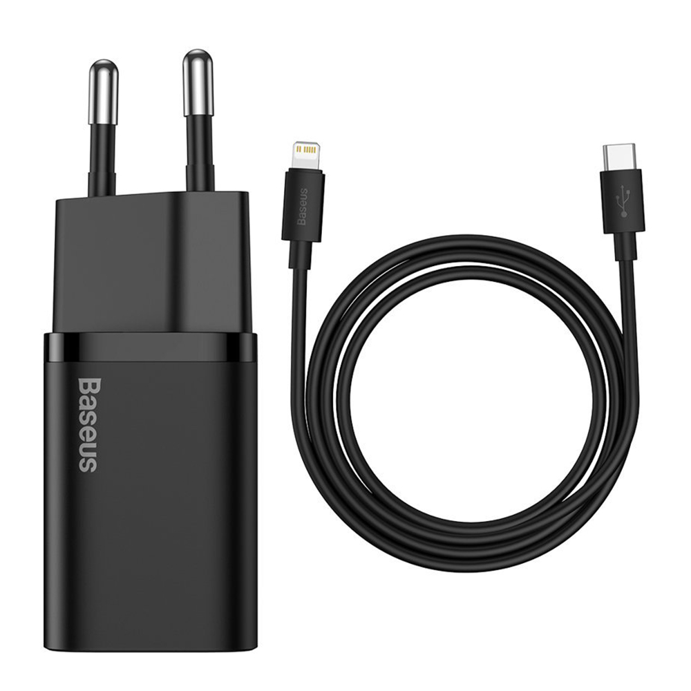 Priza Type-C PD20W Зарядно устройство Priza Type-C PD20W + Lightning кабел - Baseus Super Si (TZCCCSUP-B01) - Черен