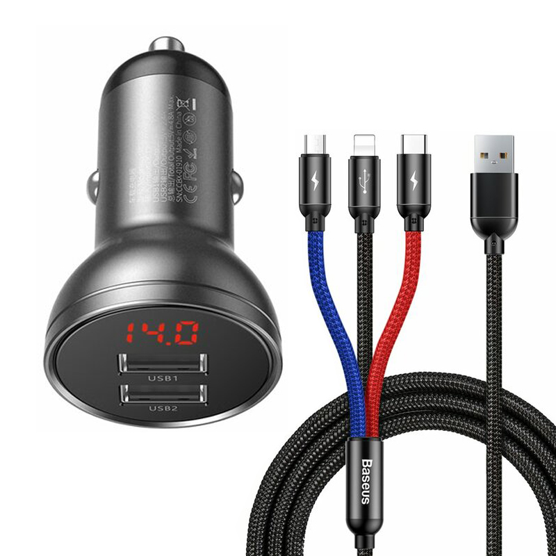 Зарядно за кола 2xUSB + кабел 3в1 - Baseus Digital Display (TZCCBX-0G) - черно