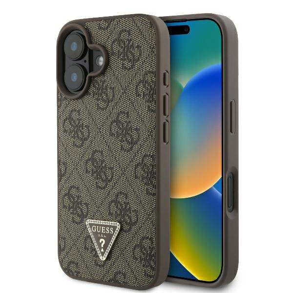 Калъф за iPhone 16 Plus - Guess Leather 4G Triangle Triangle Strass (GUHCP16MP4TDPW) - Кафяв