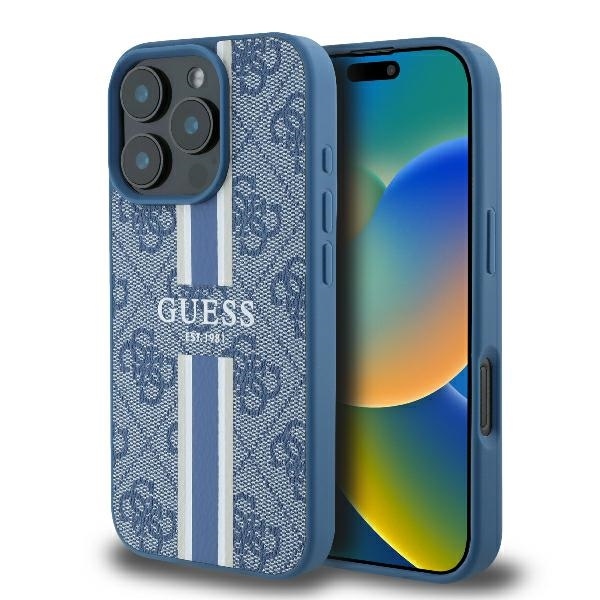 Калъф за iPhone 16 Pro - Guess Hardcase 4G Printed Stripes MagSafe (GUHMP16LP4RPSB) - Син