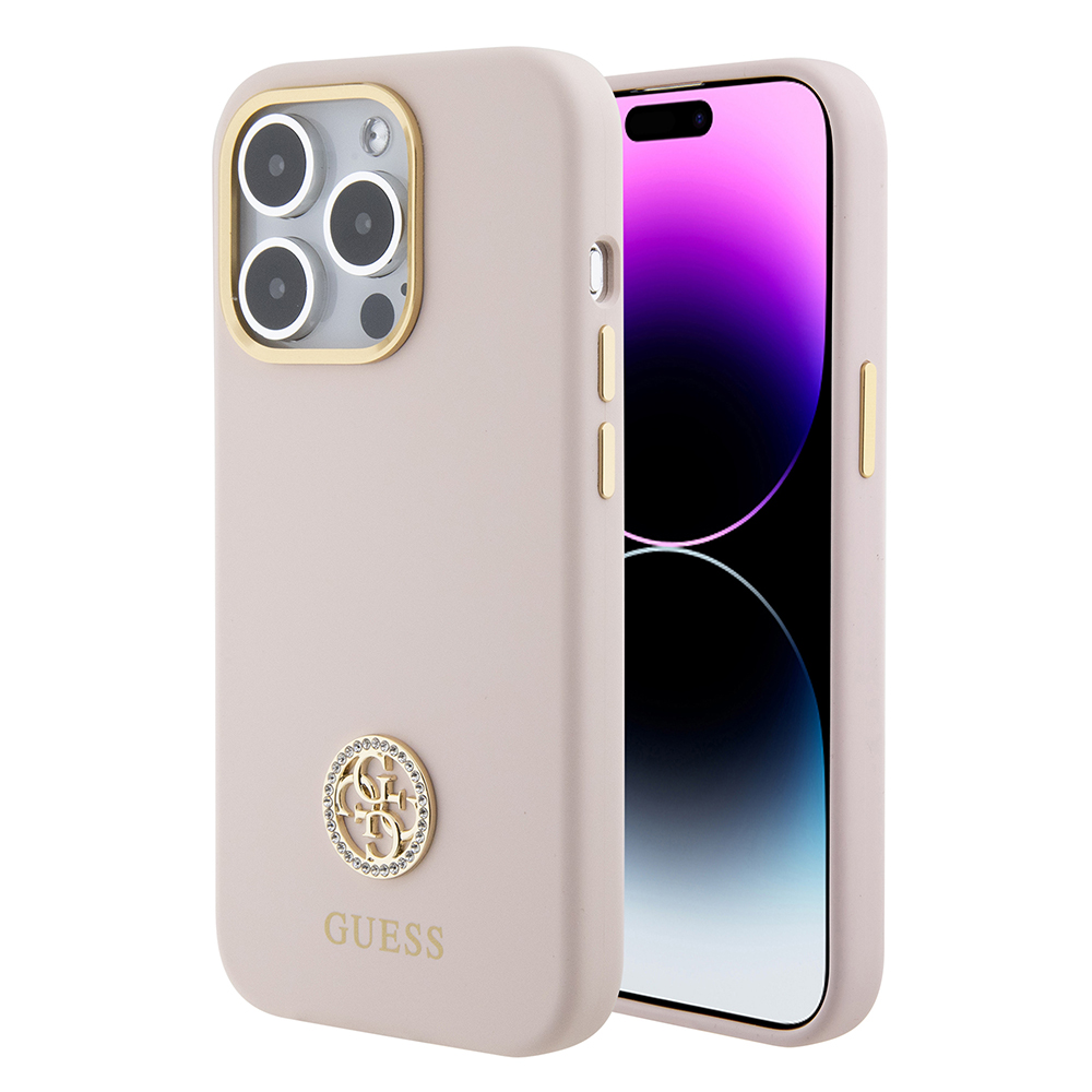 Калъф за iPhone 15 Pro - Guess Silicone Logo Strass 4G (GUHCP15LM4DGPP) - светло розов