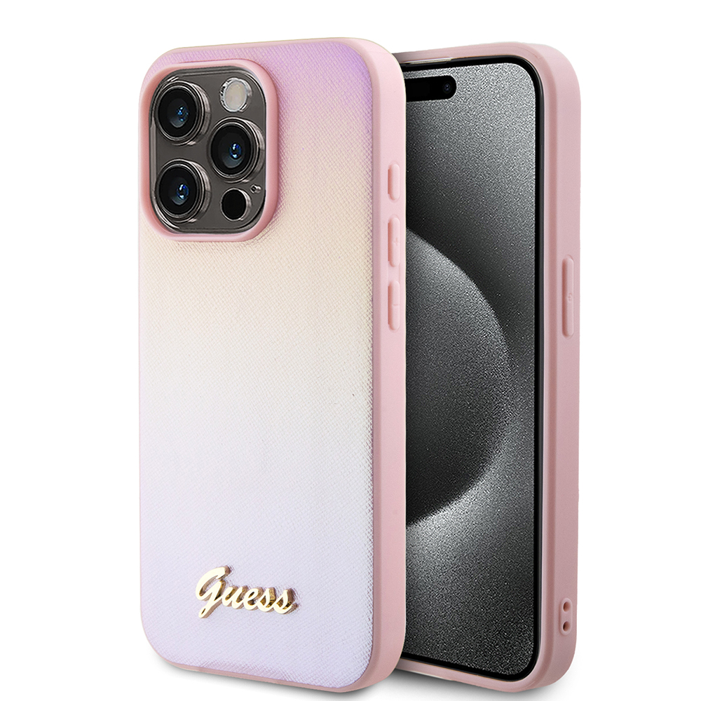 Калъф за iPhone 15 Pro Max - Guess Saffiano Iridescent Script (GUHCP15XPSAIRSP) - Розов