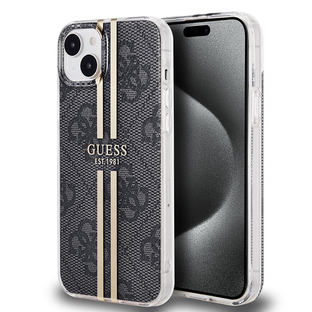 Калъф за iPhone 15 Plus - Guess Hardcase IML 4G Златист Stripe (GUHCP15MH4MH4PSEGK) - Черен