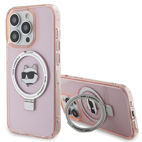 Калъф за iPhone 15 Pro Max - Karl Lagerfeld Hardcase Ring Stand MagSafe (KLHMP15XHMMRSCHP) - Розов Choupette Head