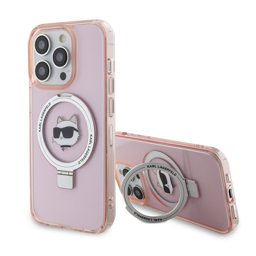 Калъф за iPhone 15 Pro - Karl Lagerfeld Hardcase Ring Stand MagSafe (KLHMP15LHHMMRSCHP) - Розов Choupette Head