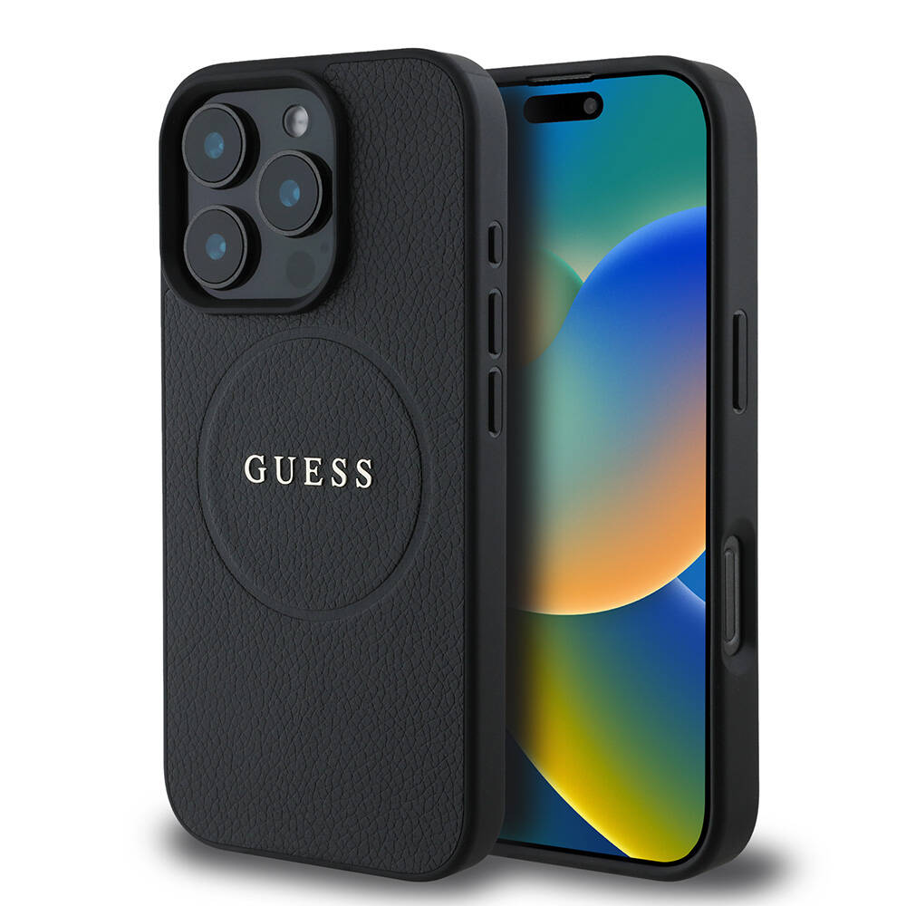 Калъф за iPhone 16 Pro Max - Guess Grained Златист Ring MagSafe (GUHMP16XPGHSMMK) - Черен