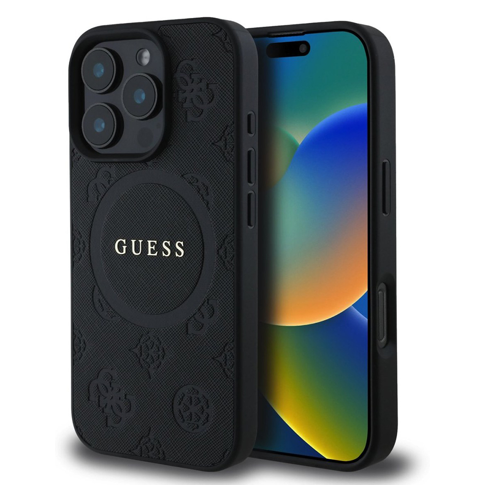 Калъф за iPhone 16 Pro Max - Guess Saffiano Peony Classic Saffiano Classic Logo MagSafe (GUHMP16XPSAPAPSMEK) - Черен