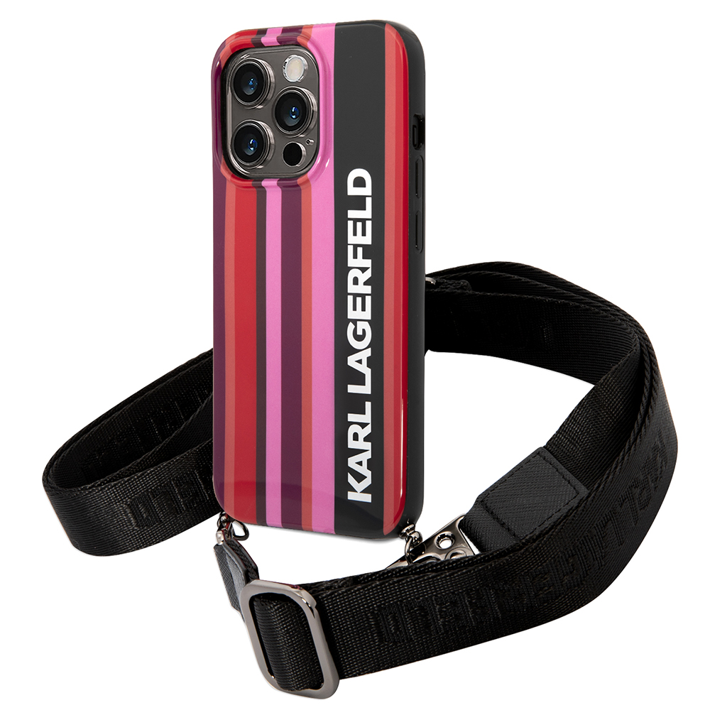 Калъф за IPhone 14 Pro - твърд калъф Karl Lagerfeld с каишка (KLHCHCP14LSTSTP) - розови цветни ивици