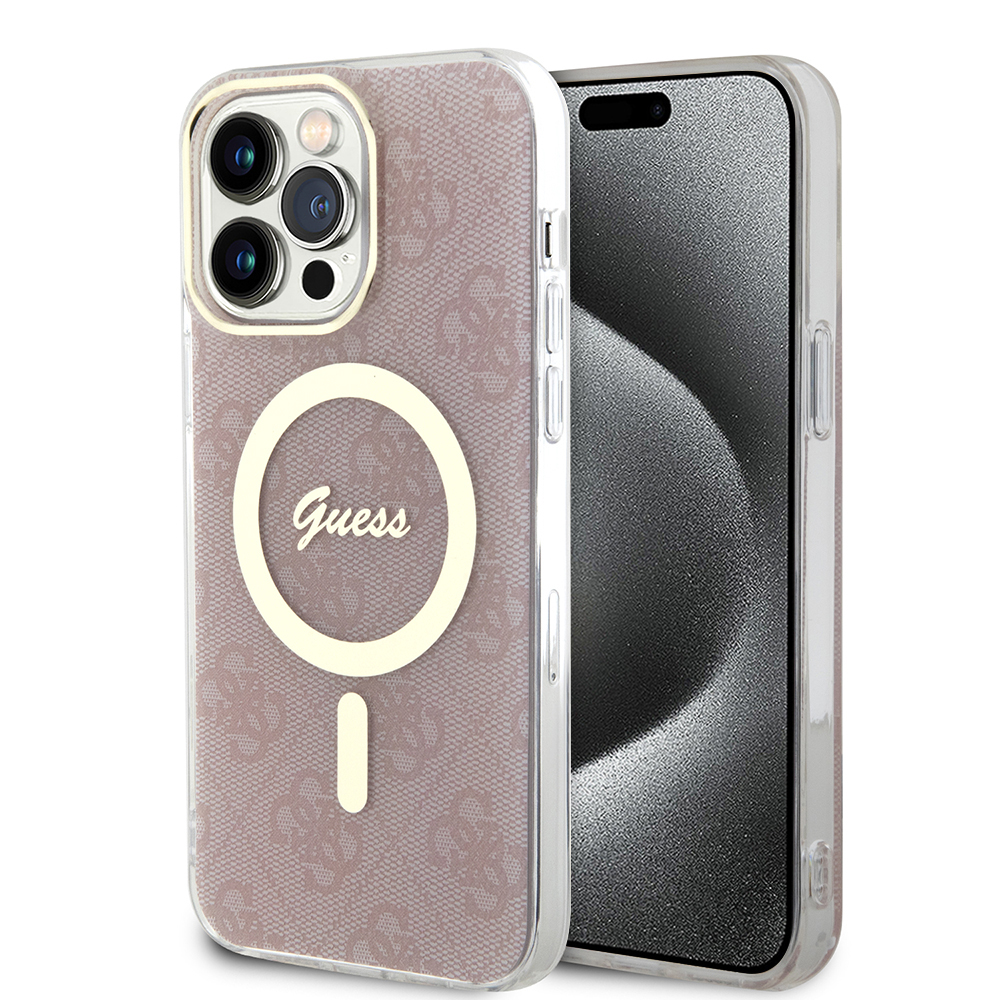 Калъф за iPhone 15 Pro - Guess IML 4G MagSafe (GUHMP15LH4STP) - Розов