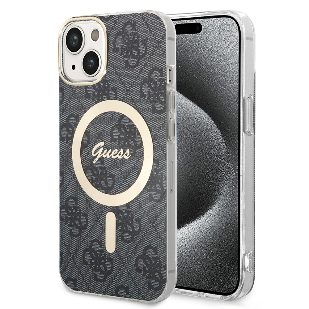 Калъф за iPhone 15 - Guess IML 4G MagSafe (GUHMP15SH4STK) - Черен