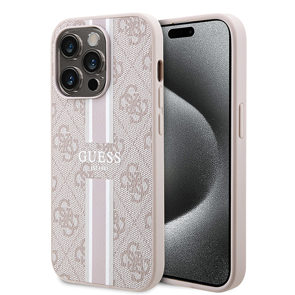 Калъф за iPhone 15 Pro Max - Guess Hardcase 4G Printed Stripes MagSafe (GUHMP15XP4RPSP) - Розов