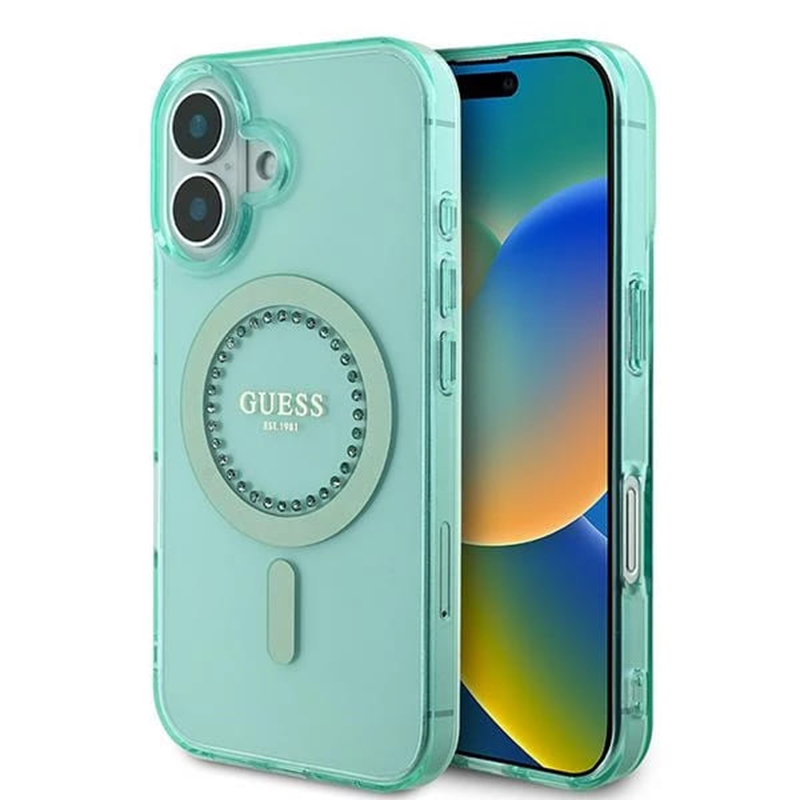 Калъф за iPhone 16 - Guess IML Rhinestones MagSafe (GUHMP16SPFTDTEN) - Зелен