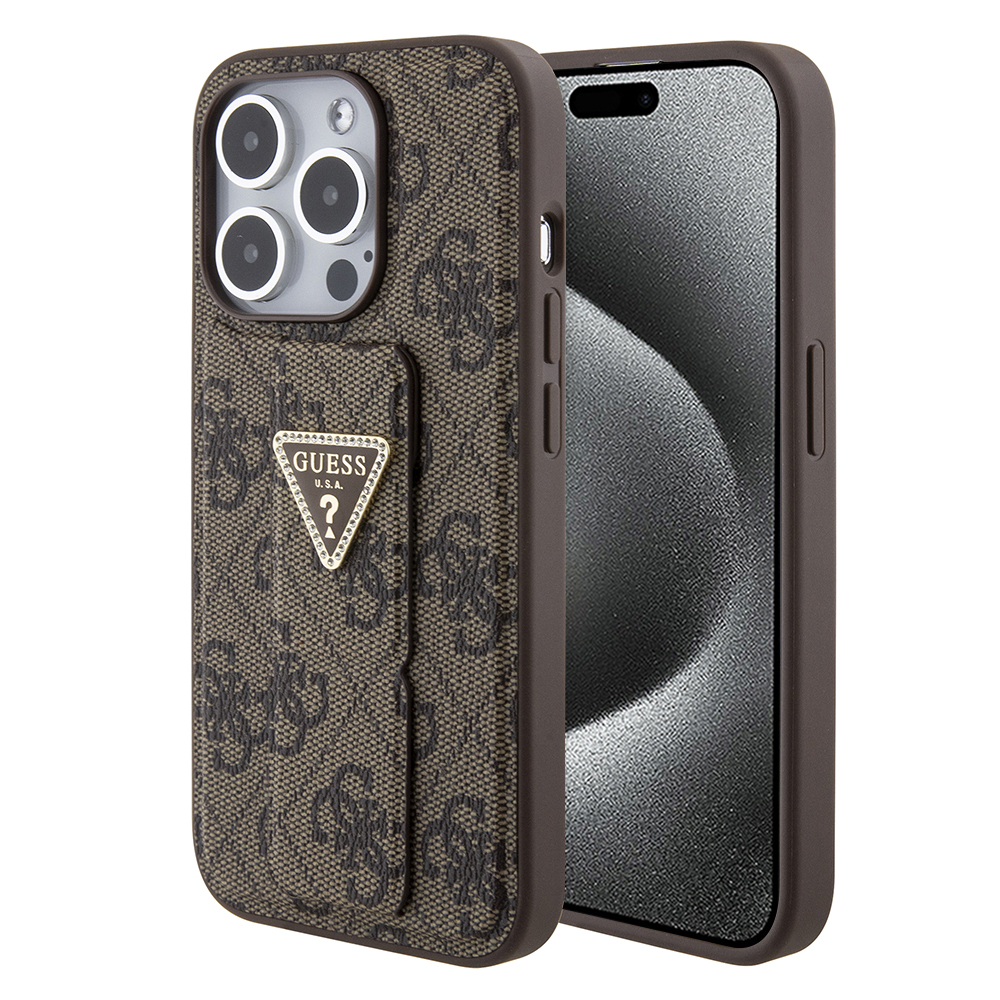Калъф за iPhone 15 Pro Max - Guess Grip Stand 4G Triangle Triangle Strass (GUHCP15XPGS4TDW) - Кафяв