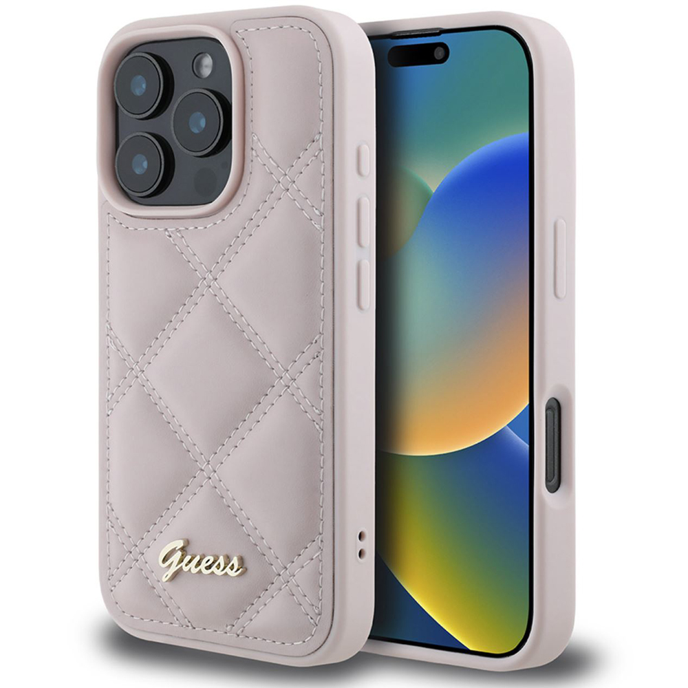 Калъф за iPhone 16 Pro Max - Guess Quilted Metal Logo (GUHCP16XPSQQSQSP) - Розов