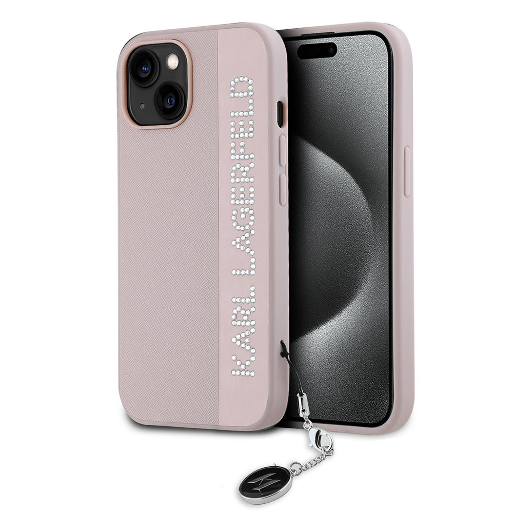 Калъф за iPhone 15 - Karl Lagerfeld Saffiano Rhinestones&Charm (KLHCHCP15SPSAKAKDGCP) - Розов