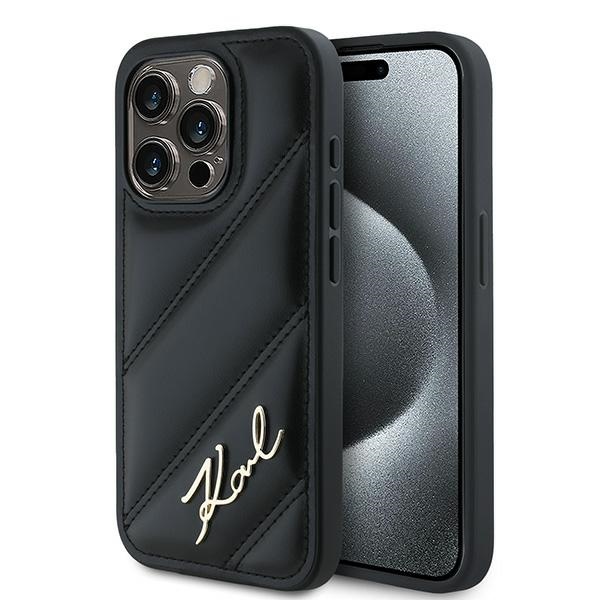 Калъф за iPhone 15 Pro - Karl Lagerfeld Diagonal Quilted Script (KLHCP15LPQQDSMGK) - Черен