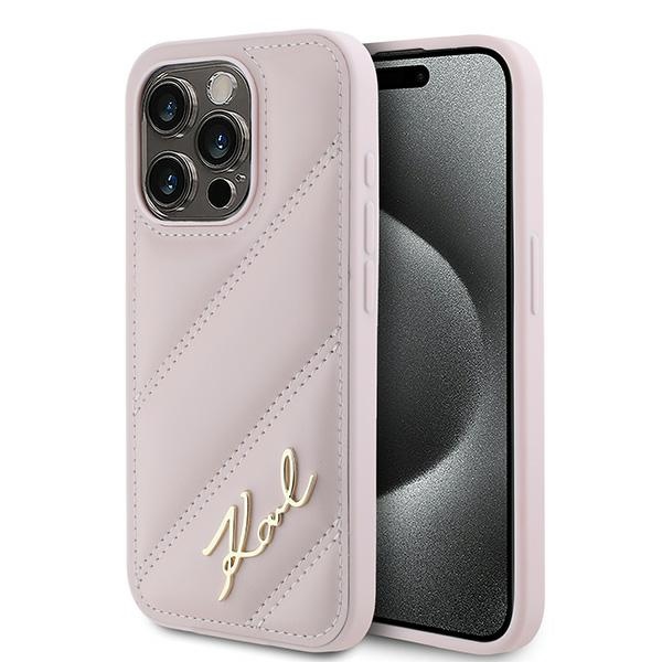 Калъф за iPhone 15 Pro - Karl Lagerfeld Diagonal Quilted Script (KLHCP15LPQQDSMGP) - Розов