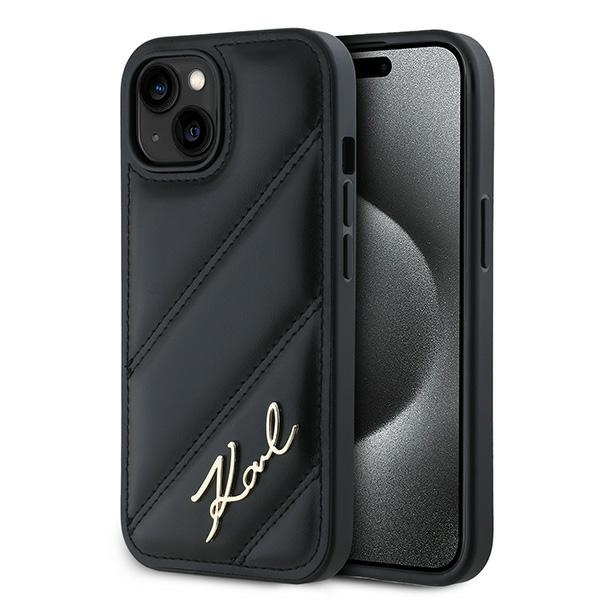 Калъф за iPhone 15 Plus - Karl Lagerfeld Diagonal Quilted Script (KLHCP15MPQDSMGK) - Черен