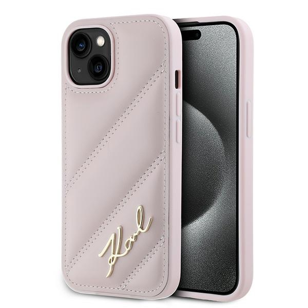 Калъф за iPhone 15 - Karl Lagerfeld Diagonal Quilted Script (KLHCP15SPQQDSMGP) - Розов