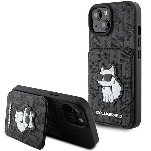 Калъф за iPhone 15 - Karl Lagerfeld Saffiano Cards Slots and Stand (KLHCP15SSAKCNSCK) - Monogram Choupette