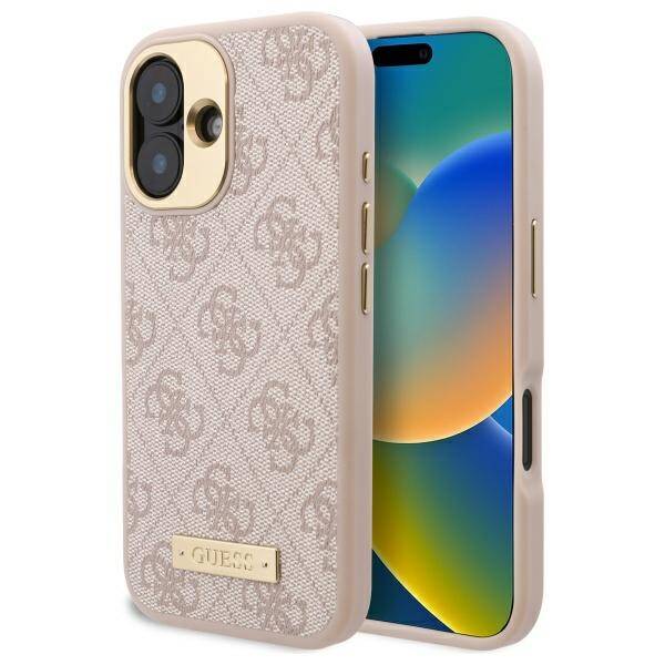 Калъф за iPhone 16 - Guess Hardcase 4G Logo Plate MagSafe (GUHMP16SU4GPRP) - Розов
