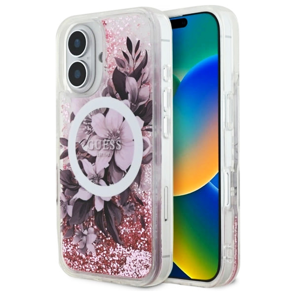 Калъф за iPhone 16 - Guess Liquid Glitter Flower MagSafe (GUHMP16SLFMFMWWTP) - Розов
