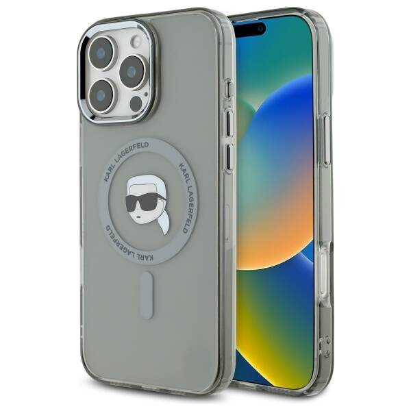 Калъф за iPhone 16 Pro Max - Karl Lagerfeld IML MagSafe (KLHMP16XHLHLSKIK) - Metal Karl`s Head