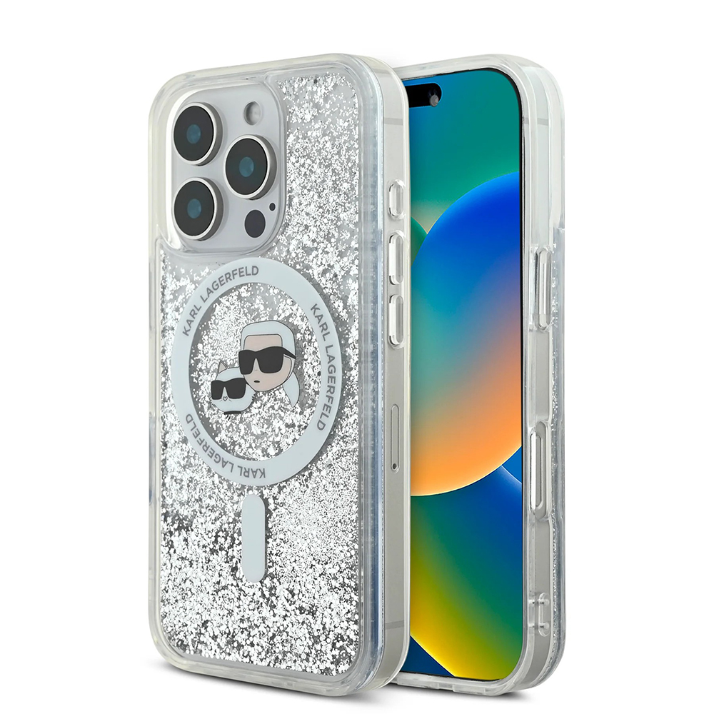 Калъф за iPhone 16 Pro - Karl Lagerfeld Liquid Glitter MagSafe (KLHMP16LLLLGKCSGH) - Прозрачен Karl&Choupette Head
