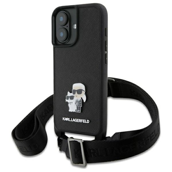 Калъф за iPhone 16 - Karl Lagerfeld Saffiano Crossbody (KLHCP16SSAKAKCPCPBK) - Metal Pin Karl&Choupette