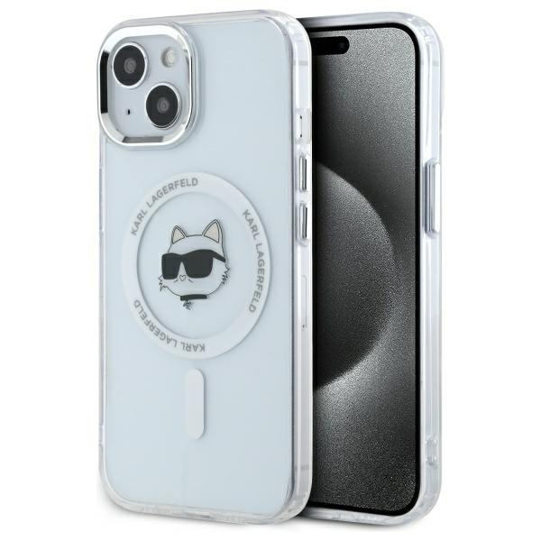 Калъф за iPhone 15 Plus - Karl Lagerfeld IML MagSafe (KLHMP15MHLSCHH) - Бял Metal Choupette`s Head