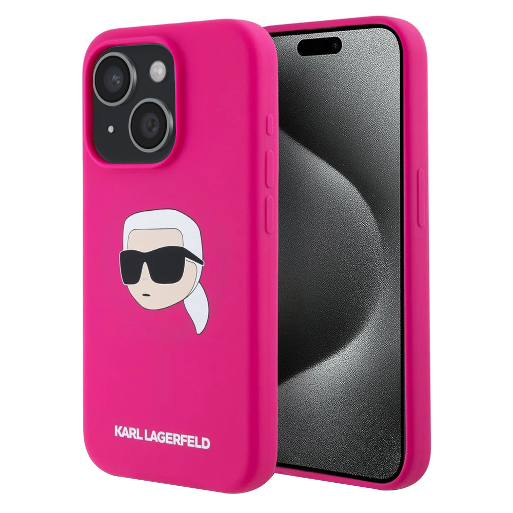 Калъф за iPhone 15 - Karl Lagerfeld Silicone MagSafe (KLHMP15SSKHPHPPLF) - Fuchsia Karl`s Head