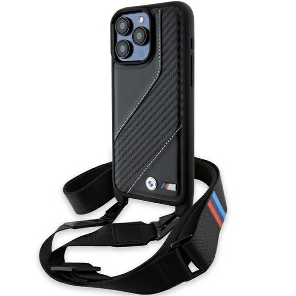 Калъф за iPhone 15 Pro - BMW Leather M Edition Carbon Stripe & Strap (BMHCP15L23PSCCK) - Черен
