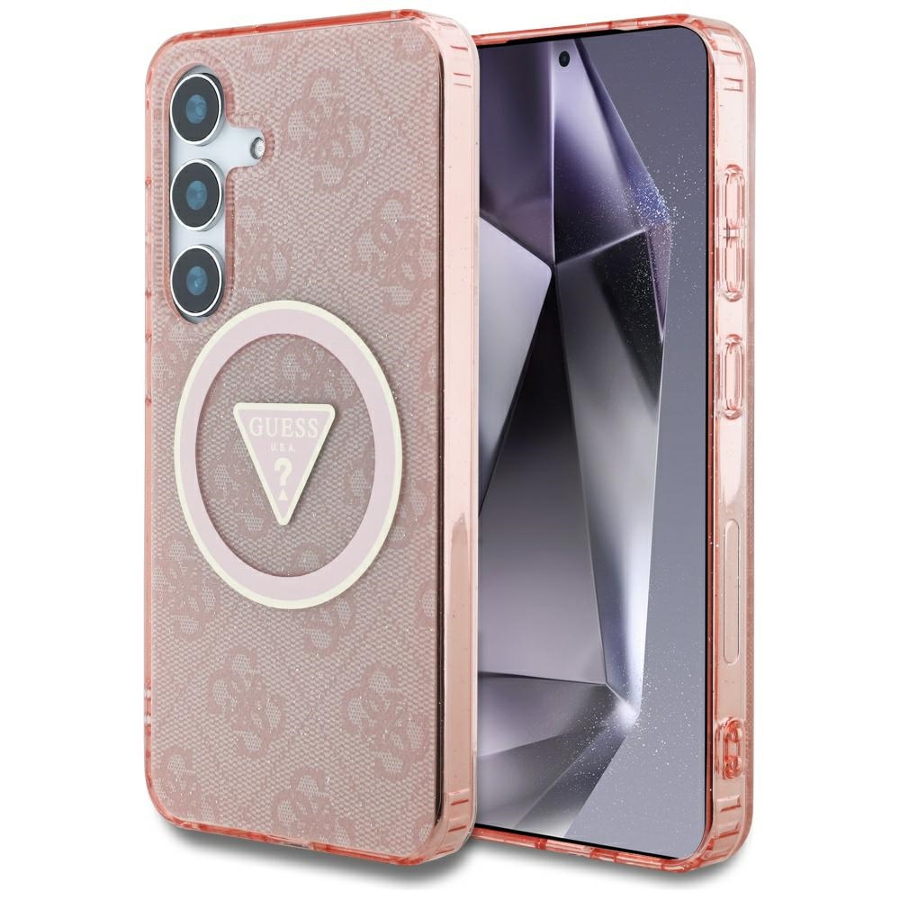 Калъф за Samsung Galaxy S25 - Guess IML Metal Glitter 4G Circle Triangle MagSafe (GUHMS25SHG4PRTGP) - Розов