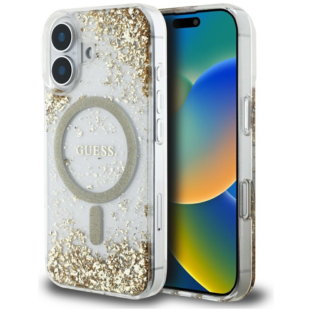 Калъф за iPhone 16 - Guess Resin Bottom Glitter MagSafe (GUHMP16SRRGRGED) - златен