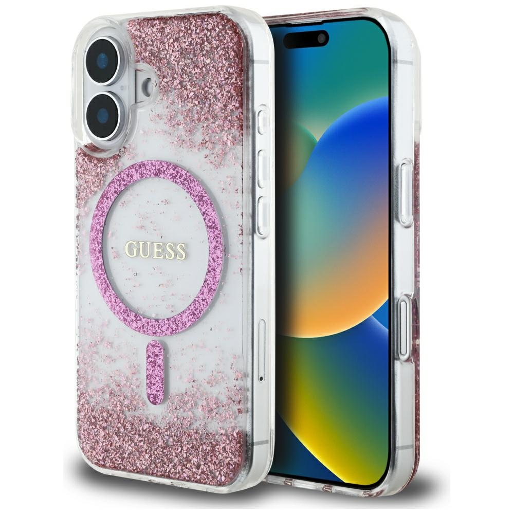Калъф за iPhone 16 - Guess Resin Bottom Glitter MagSafe (GUHMP16SRRGRGEP) - Розов