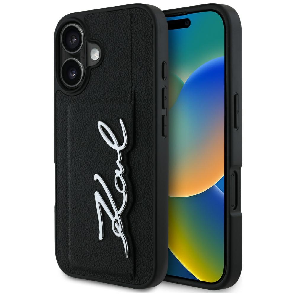 Калъф за IPhone 16 - Karl Lagerfeld Hardcase Leather Cards Slot (KLHCHCP16SPGPGPVVKSK) - Metal Signature