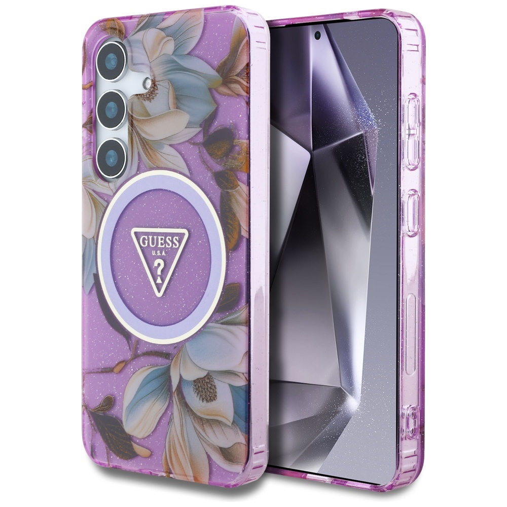 Чантичка за Samsung Galaxy S25 - Guess IML Metal Glitter Flowers Triangle MagSafe (GUHMS25SHFLPEDU) - лилава