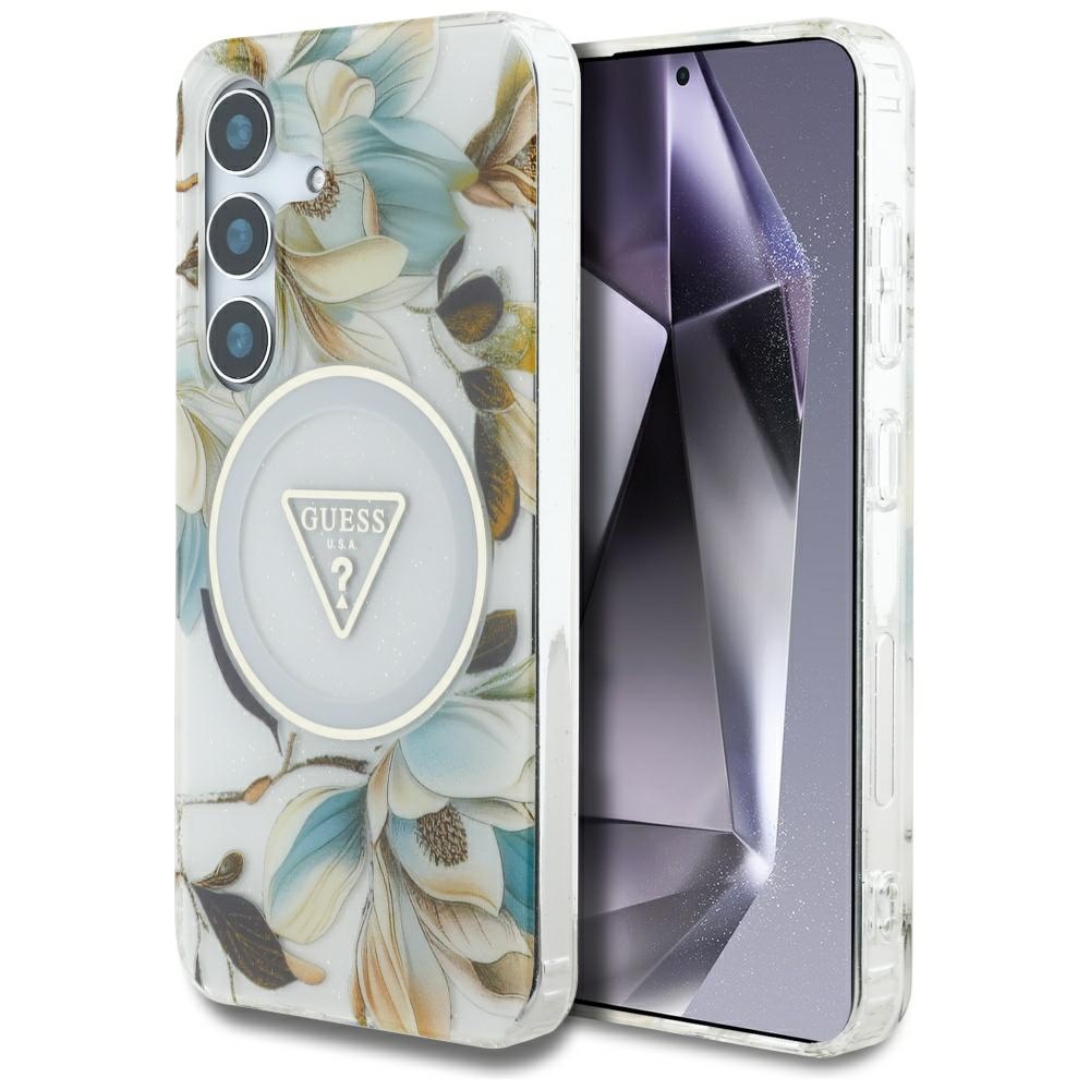Калъф за Samsung Galaxy S25 - Guess IML Metal Glitter Flowers Triangle MagSafe (GUHMS25SHFLPEDH) - Бял