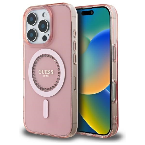 Калъф за iPhone 16 Pro Max - Guess IML Rhinestones MagSafe (GUHMP16XPFTDTEP) - Розов