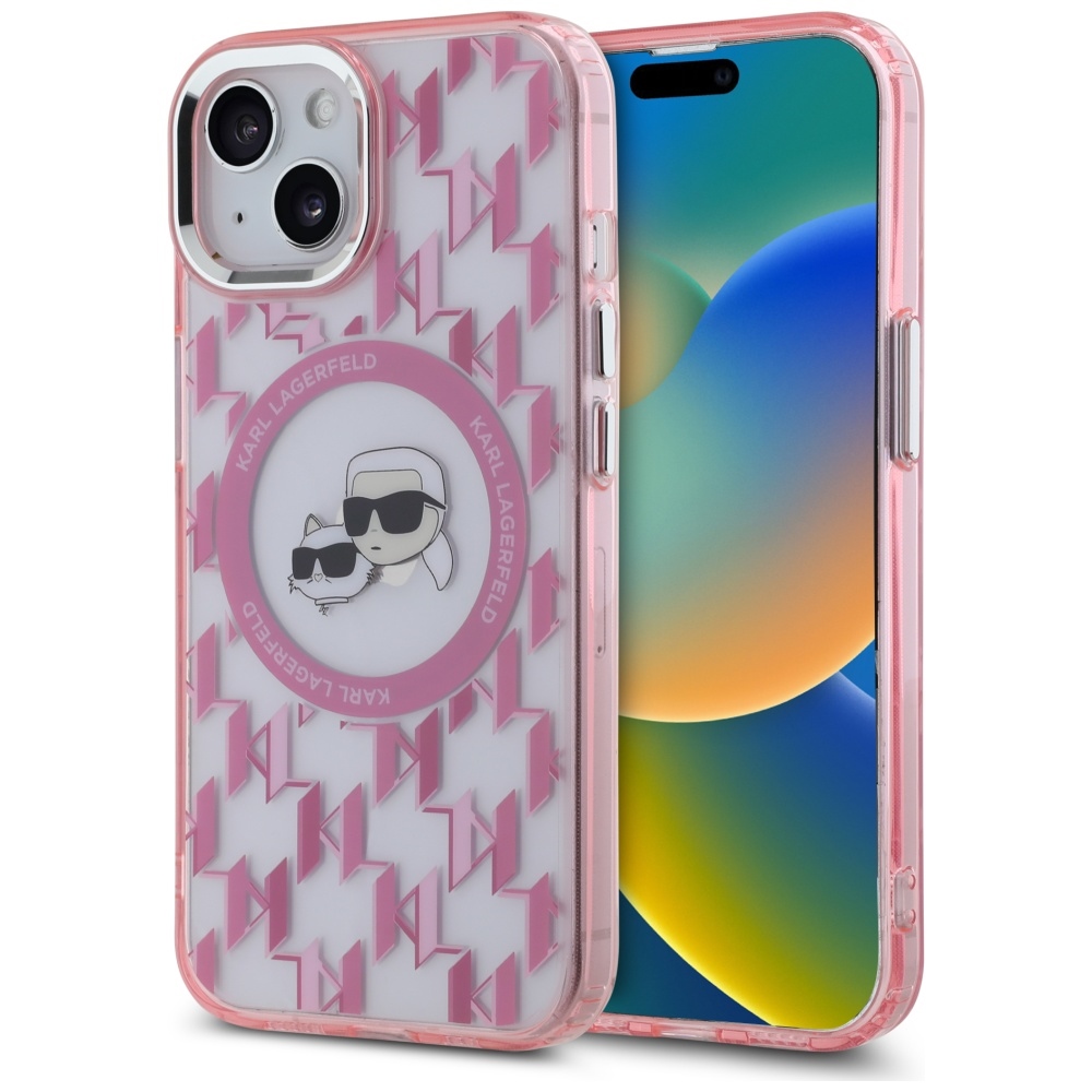 Калъф за iPhone 15 - Karl Lagerfeld IML MagSafe (KLHMP15SHMCKKMHP) - розов монограм Karl&Choupette Head