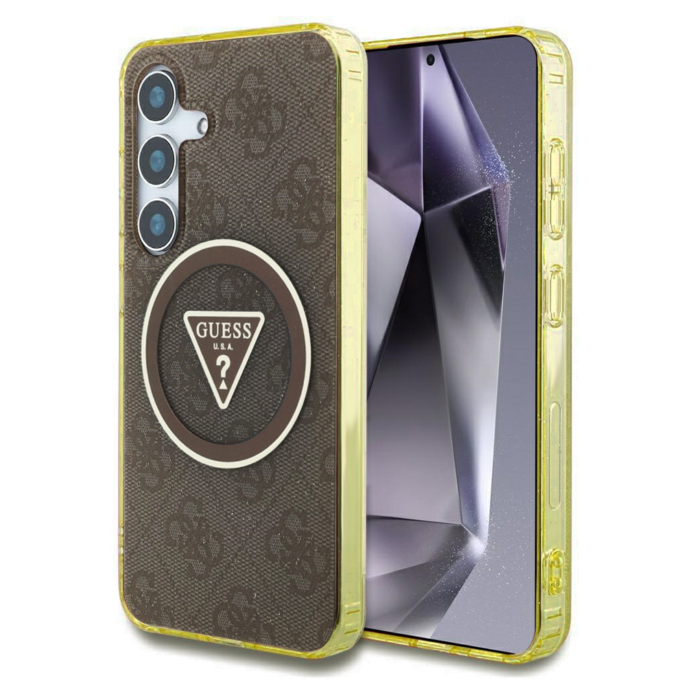 Калъф за Samsung Galaxy S25 - Guess IML Metal Glitter 4G Circle Triangle MagSafe (GUHMS25SHG4PRTGGW) - Кафяв