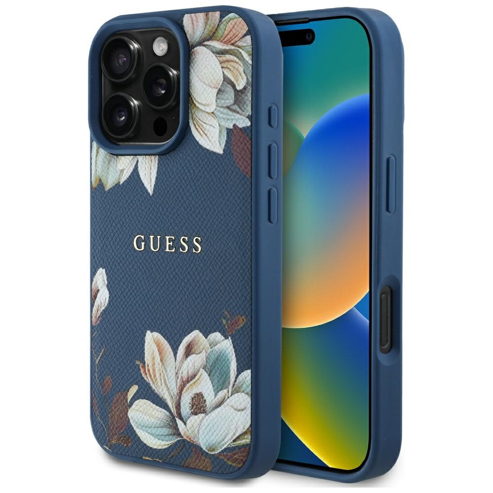 Калъф за iPhone 16 Pro Max - Guess Grained Flowers MagSafe (GUHMP16XPGNMPMPLMB) - Син