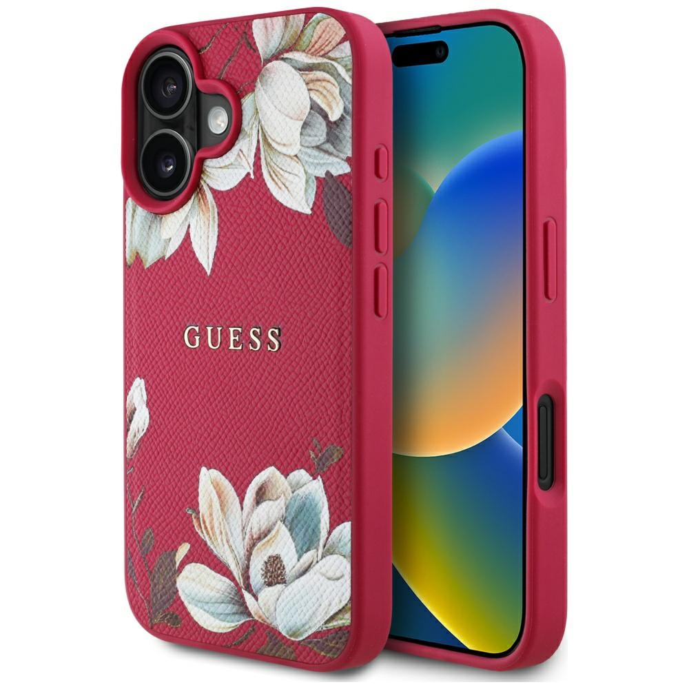 Калъф за iPhone 16 - Guess Grained Flowers MagSafe (GUHMP16SPGNMPMPLMF) - Фуксия