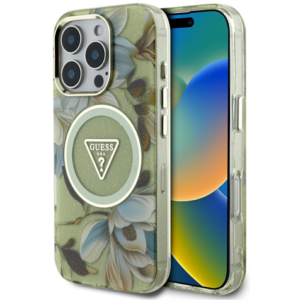 Калъф за iPhone 16 Pro - Guess IML Metal Glitter Flowers Triangle MagSafe (GUHMP16LHFLFLPEDN) - Зелен