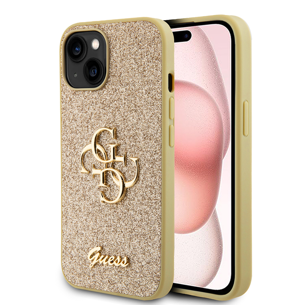 Калъф за iPhone 15 - Guess Glitter Script Big 4G (GUHCP15SHG4SGGD) - златен